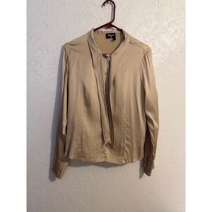 Basler Silk Blouse Champagne Beige Tie Neck Button Down Long Sleeve Top 42/16